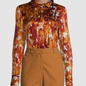 Lafayette 148 New York Women's Orange Silk Satin Printed Blouse Size S
